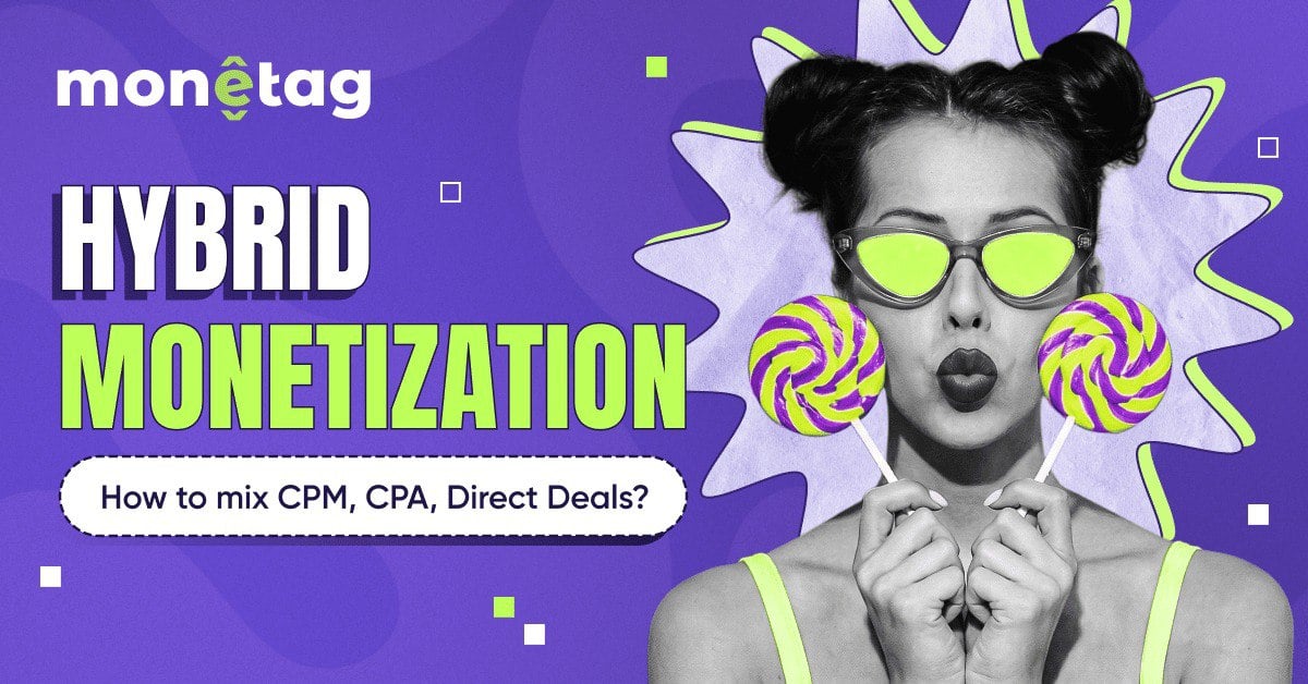 Monetag - hybrid monetization dashboard showing one website earning from ads, CPA offers, and subscriptions